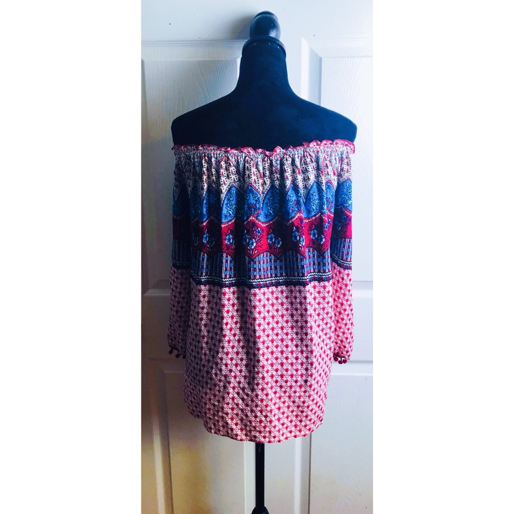 Umgee pink boho off the shoulder tie front top - Picture 3 of 9
